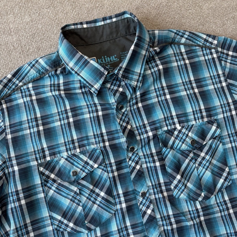Kuhl Blue Plaid Short Sleeve Button Up Shirt Men' Sz M Pearl Snap Outdoors